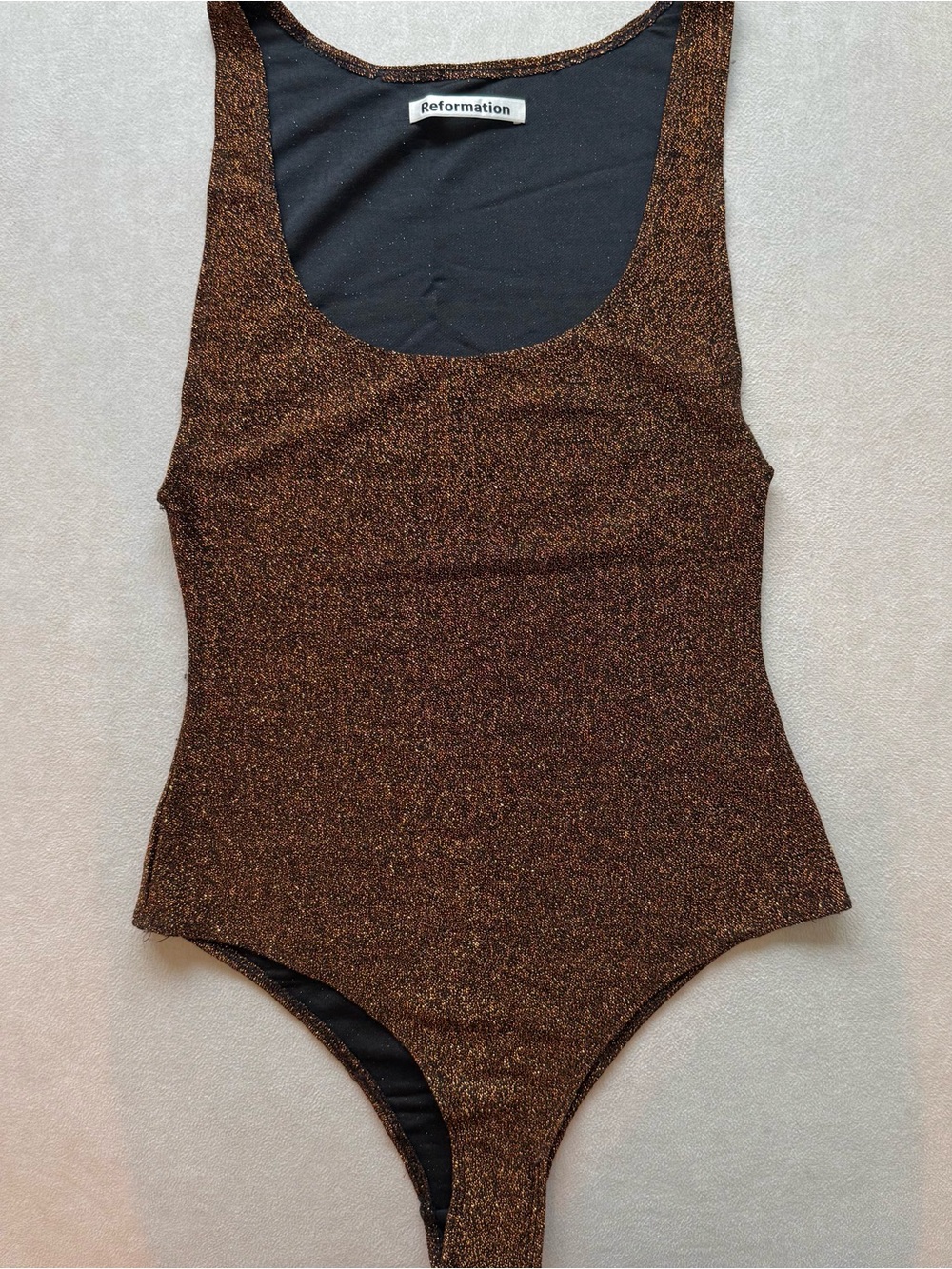 Reformation Shimmer Scoop-Back Saturn Bodysuit in Bronze Copper Sparkle Xs